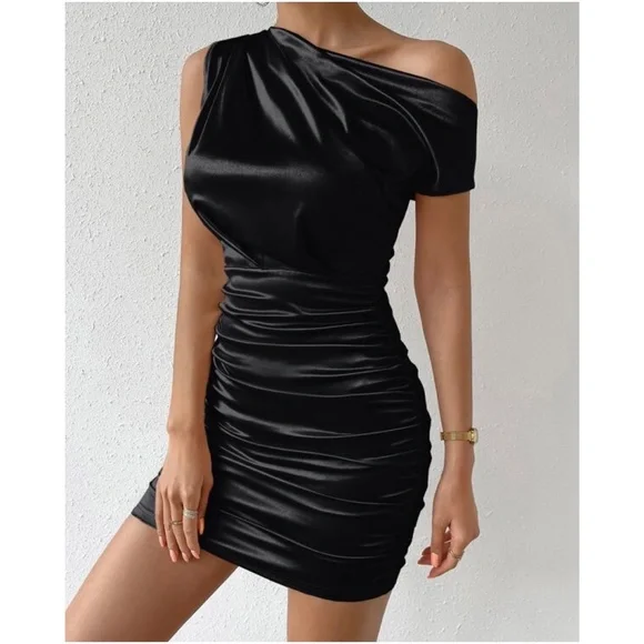 Luxe Satin One Shoulder Evening Party Mini Dress - Picture 2 of 12